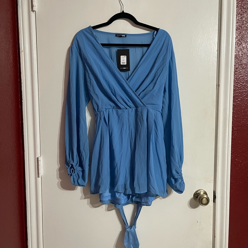 Fashion Nova Blue Babydoll Dress with Bishop Sleeves